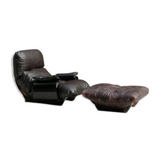 Leather Marsala armchair with ottoman by Michel Ducaroy, 1970s