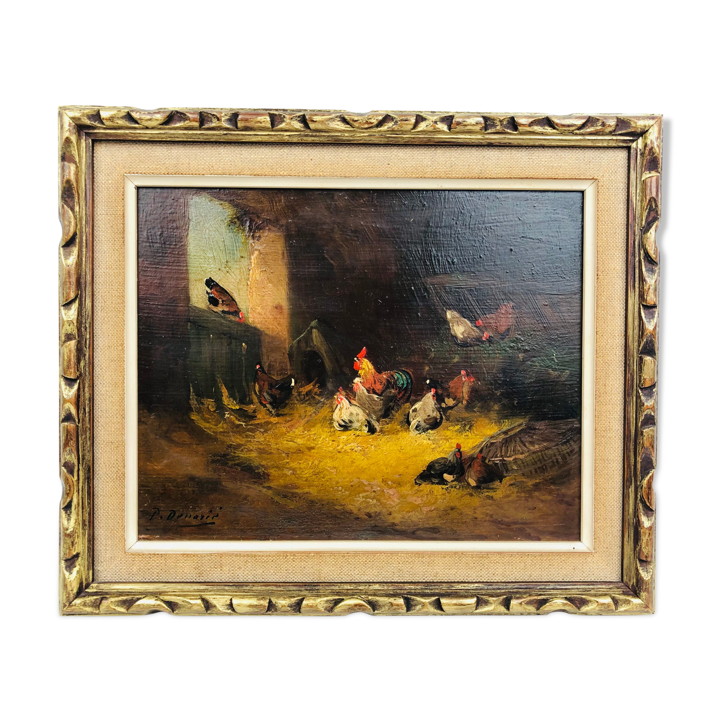 Vintage oil, "Le Poulailler" by P.Denarié, 19th