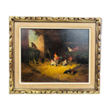 Vintage oil, "Le Poulailler" by P.Denarié, 19th