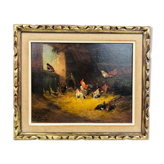 Vintage oil, "Le Poulailler" by P.Denarié, 19th