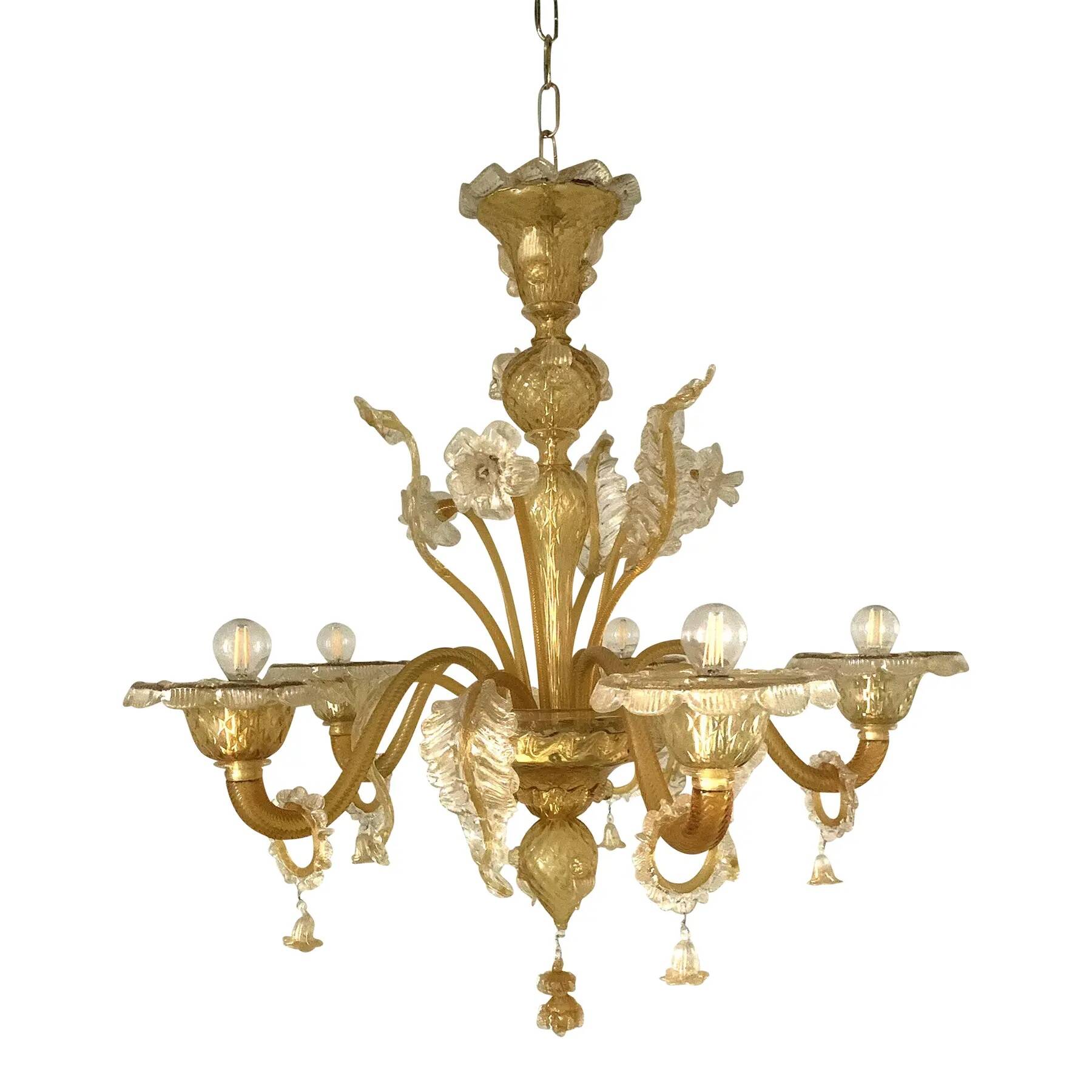 Venetian Murano-Style Chandelier in Transparent and Amber Glass with Flower