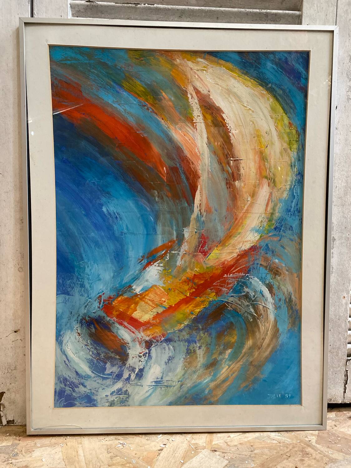 Old Oil On Paper JULIE Boat 89 + Grey Aluminum Frame