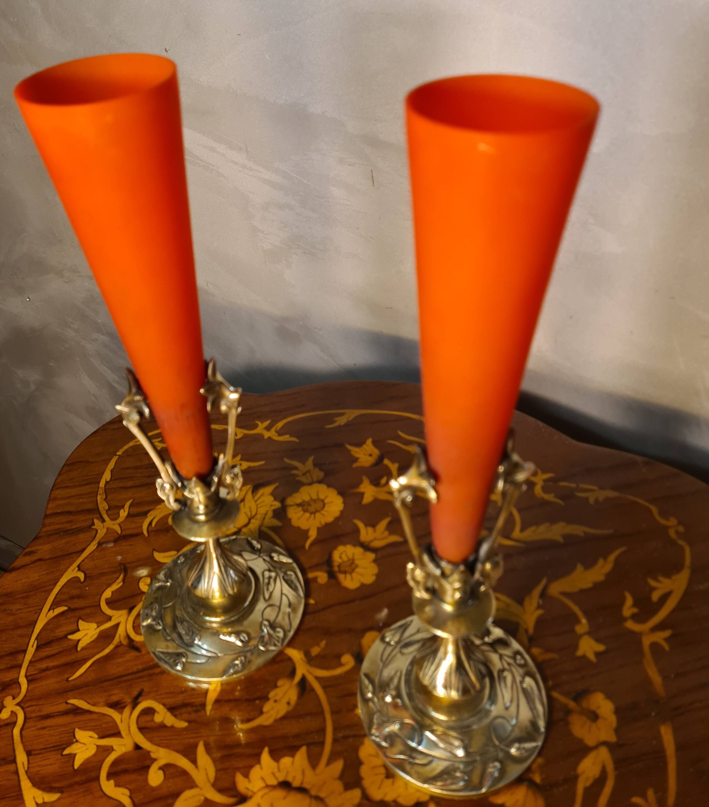 pair of bronze and glass paste Art Nouveau vases, bouquet holder, soliflore cone