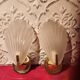 Pair of vintage brass wall lights with opaque glass shells