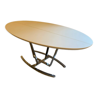 Oval tables white leather and stainless steel matrix with central stitching