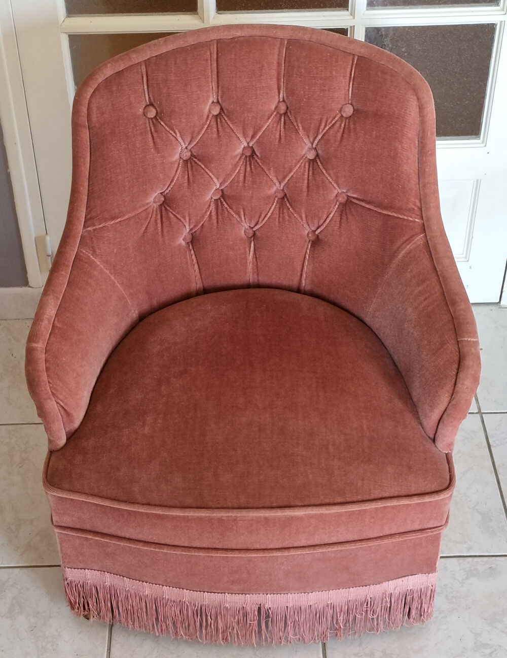Old pink toad armchair, vintage, 40s / 50s