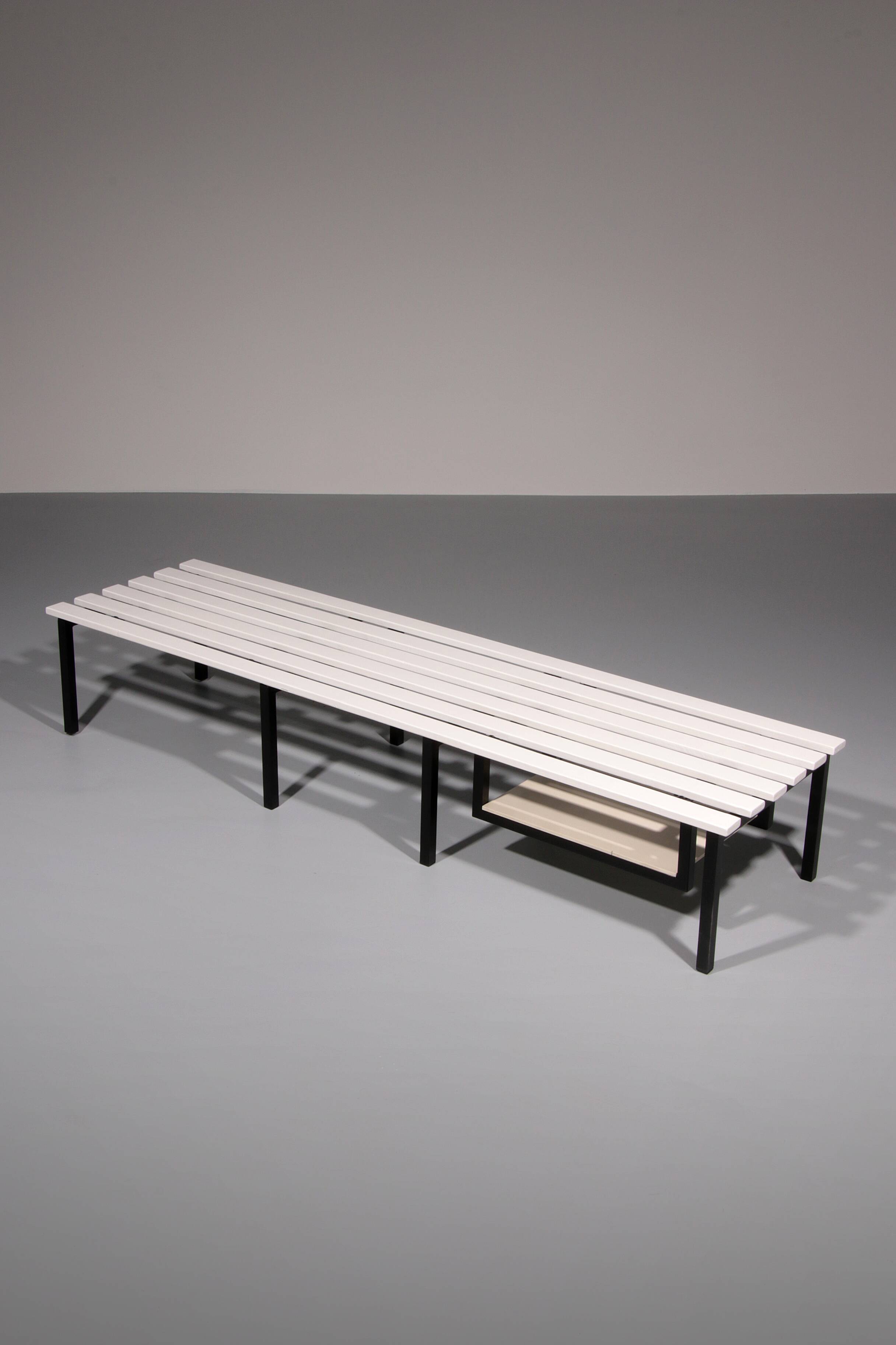 Vintage White Wooden Bench with Black Metal Frame