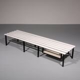 Vintage White Wooden Bench with Black Metal Frame