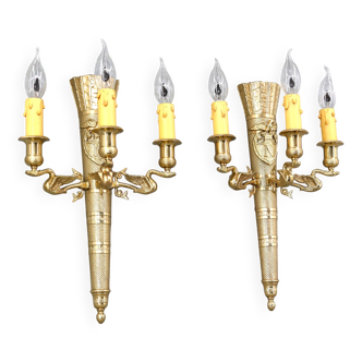 Large Pair Empire Style Wall Lamp in Napoleon Gilt Bronze with Three Candles