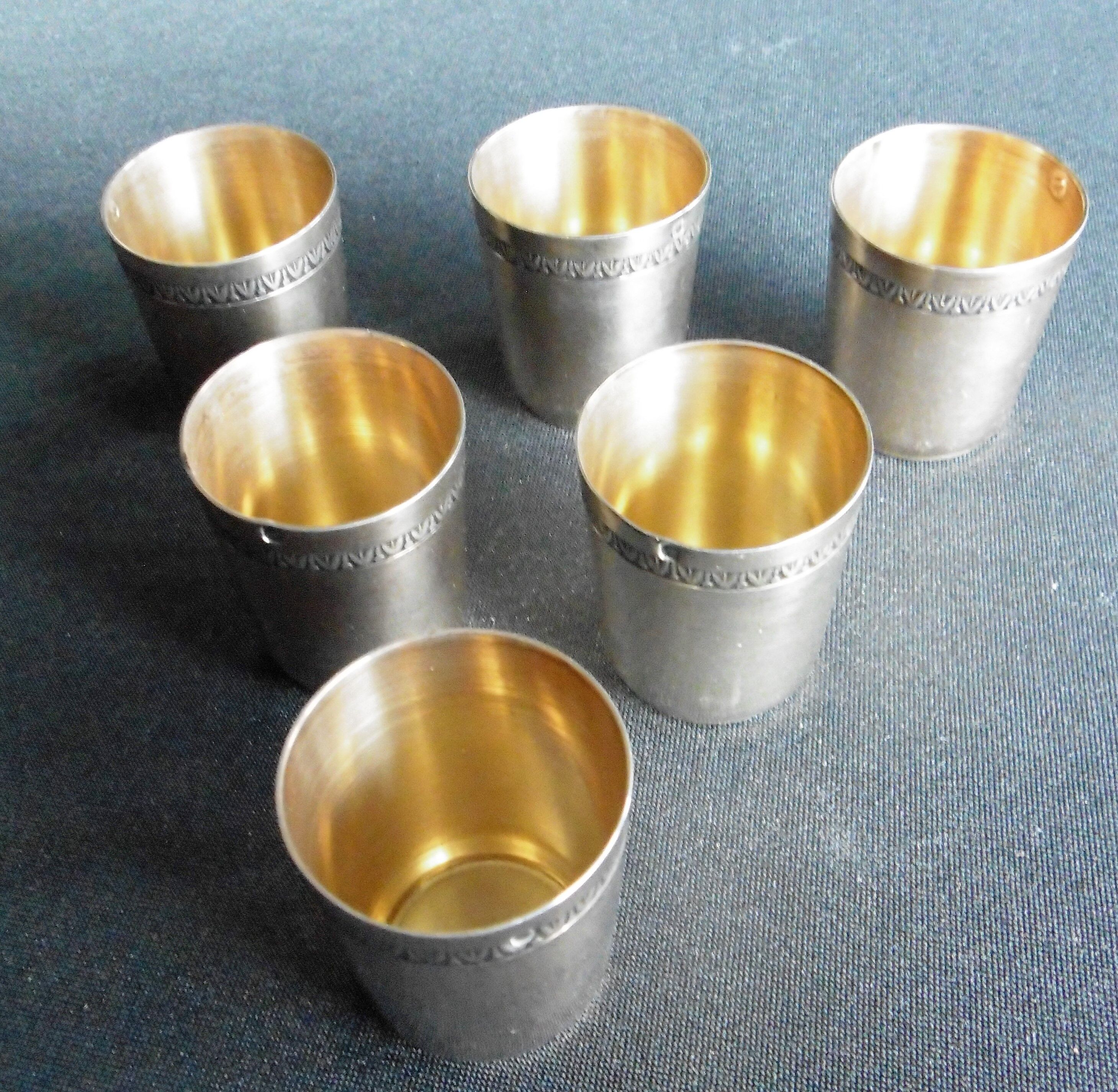 6 solid silver liqueur glasses, interior vermeil, Punches Minerve 925