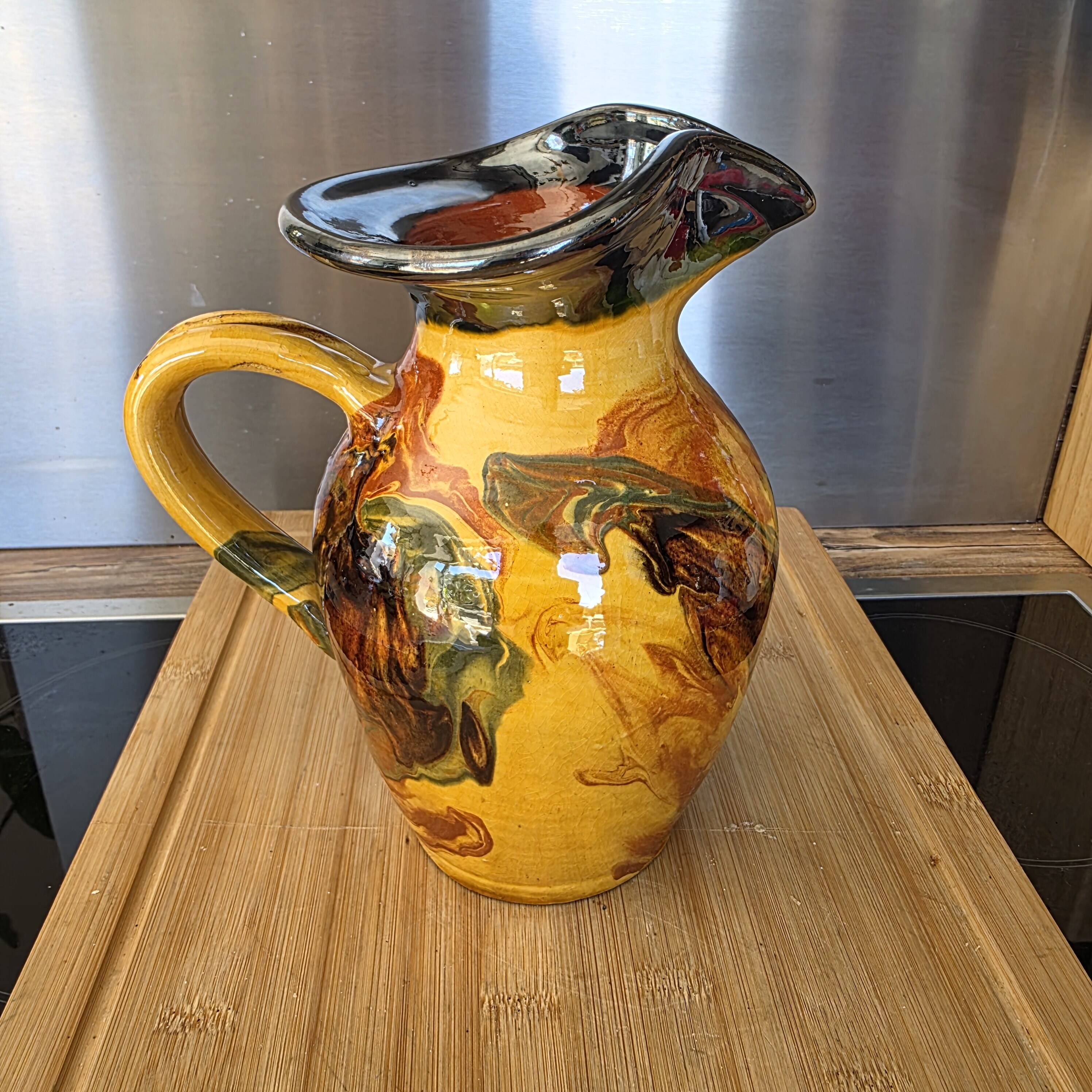 Large speckled vintage pitcher 21cm mixed clay enamelled in the Vallauris style