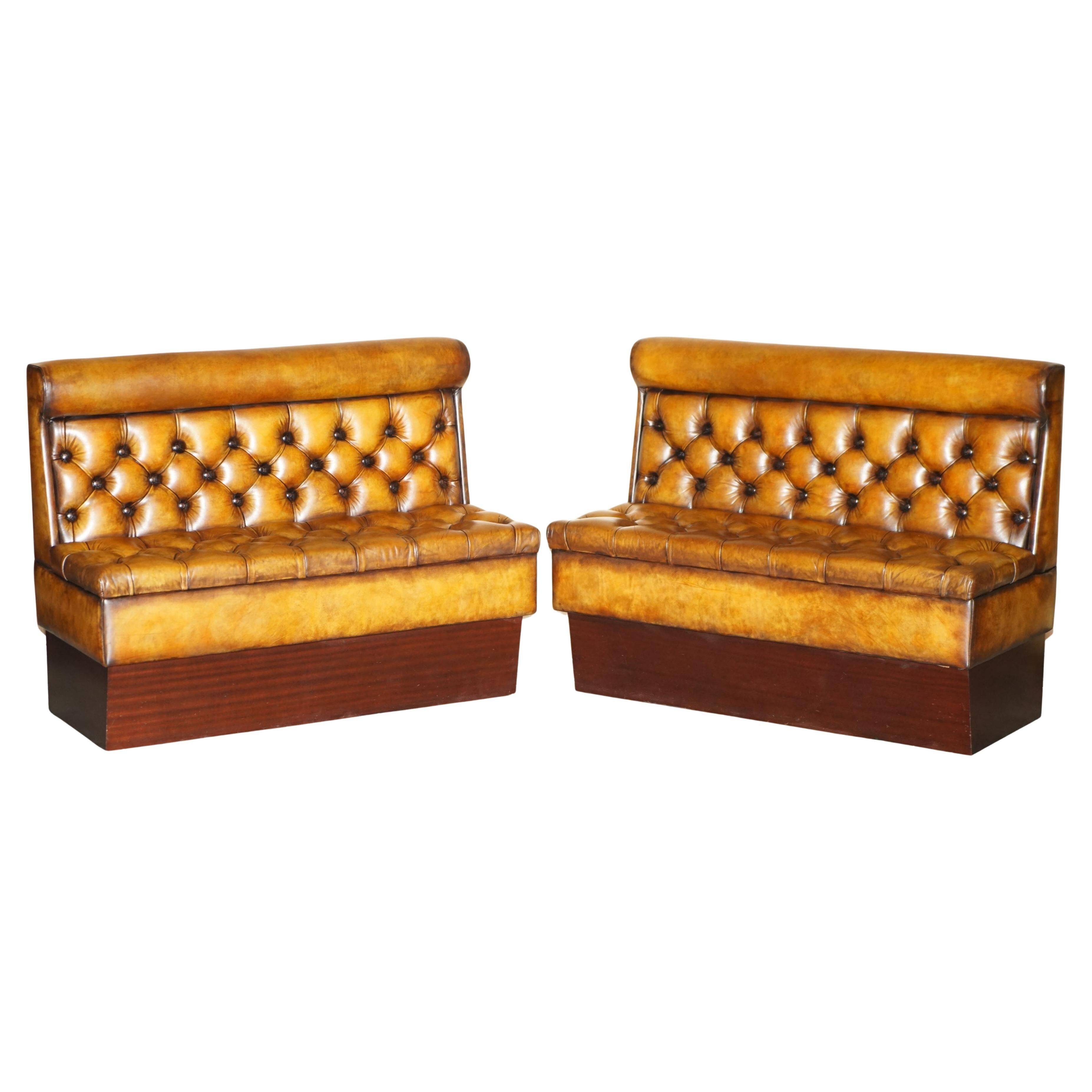 Pair of Victorian Chesterfield pub benches in leather.