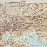 Old lithograph 1898, Alps, map, mountain • Engraving, Original plate