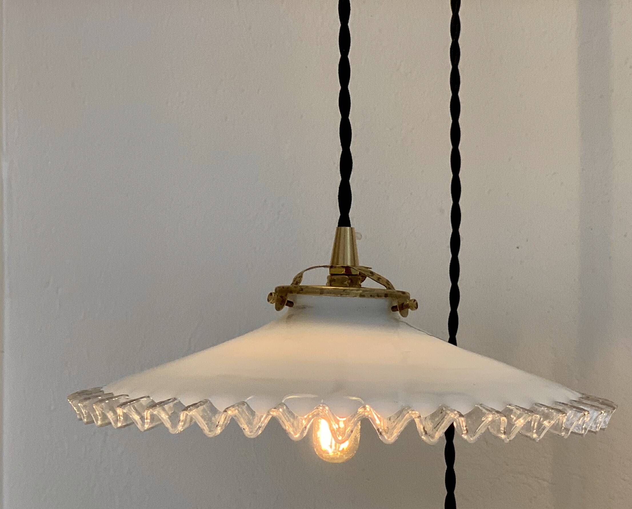 Pair of serrated opaline bistro pendant lights