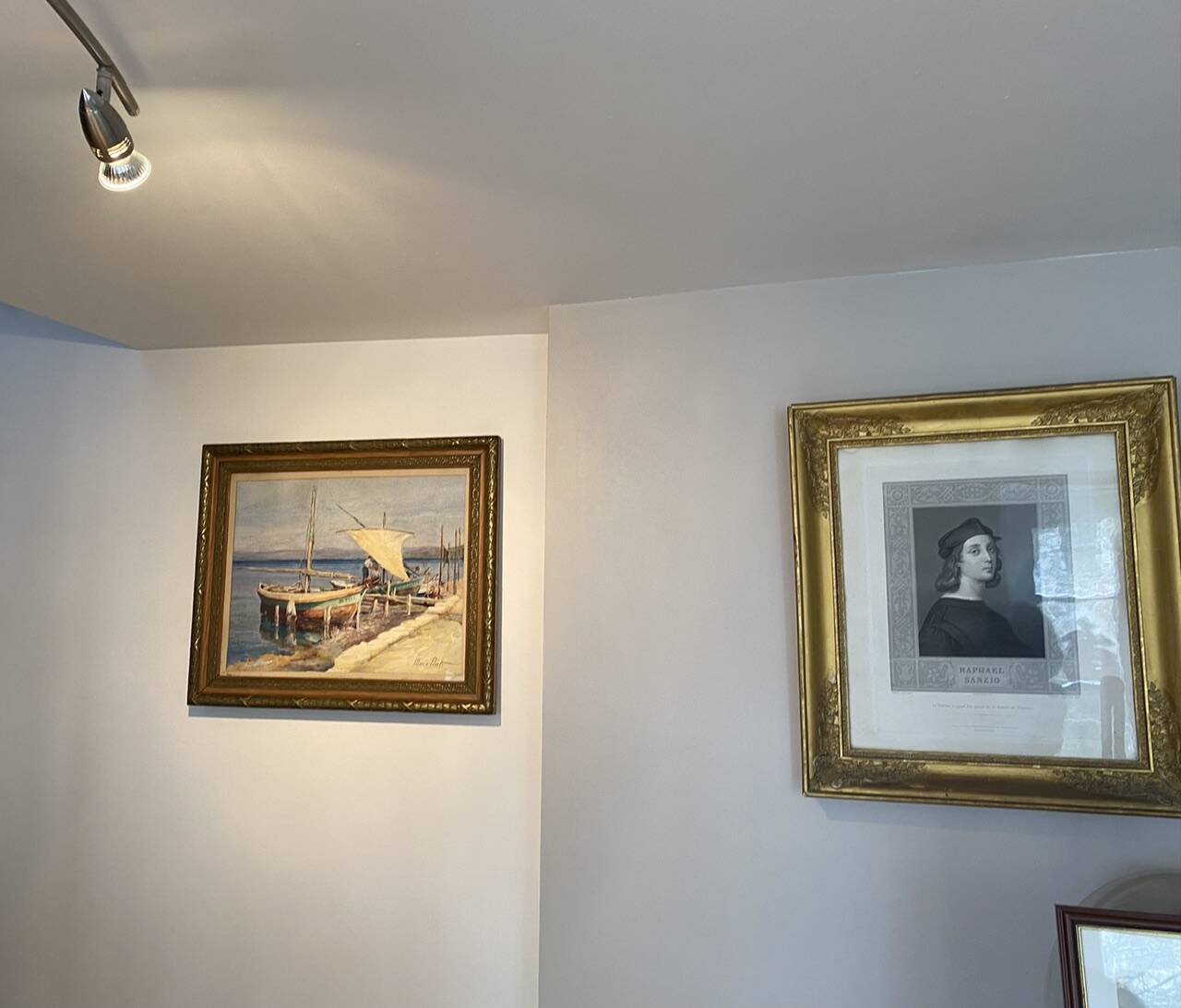 Old painting "Marine with boats" signed Marie Piat, 1930s-40s