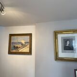 Old painting "Marine with boats" signed Marie Piat, 1930s-40s