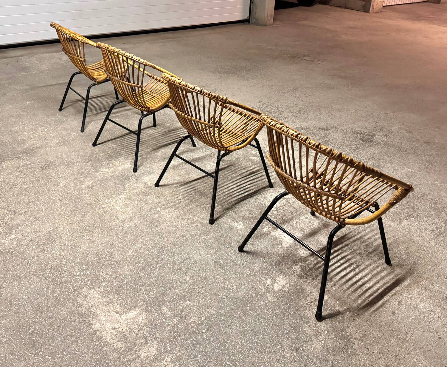 Set of 4 vintage 1950s/60s wicker rattan adult basket armchairs