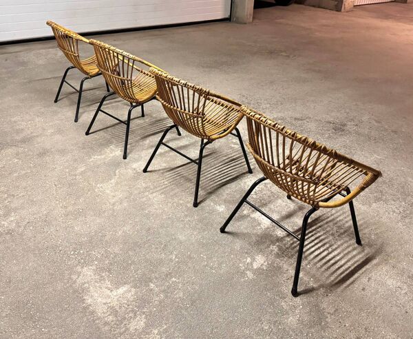Set de 04 fauteuils corbeille adulte en rotin osier années 1950/60s vintage