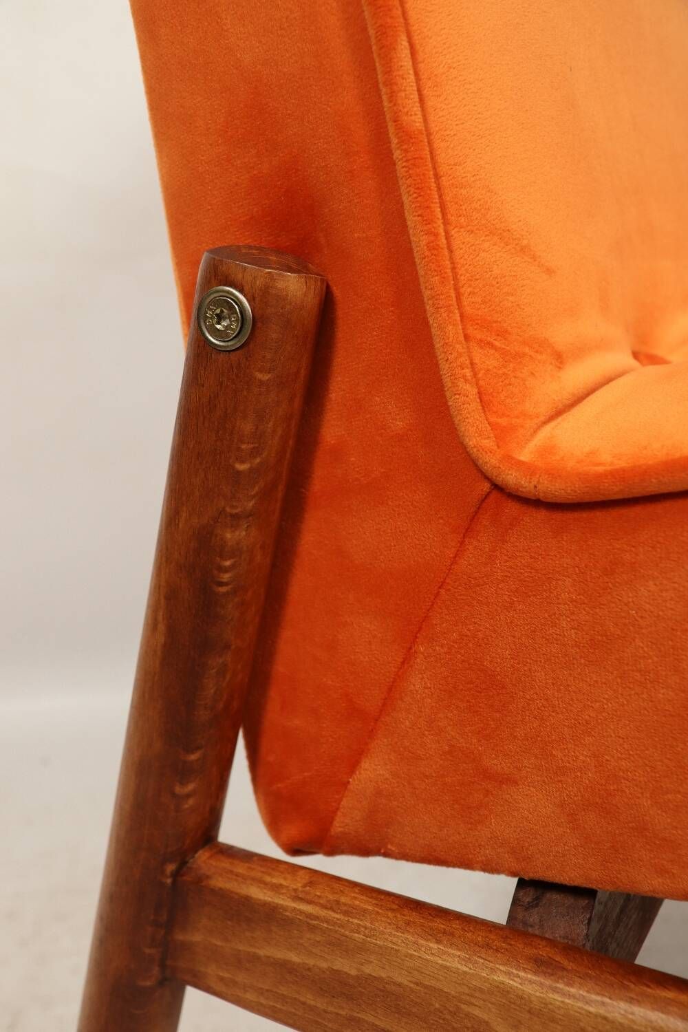 Papaya orange velvet mid century modern 1970s renovated armchair