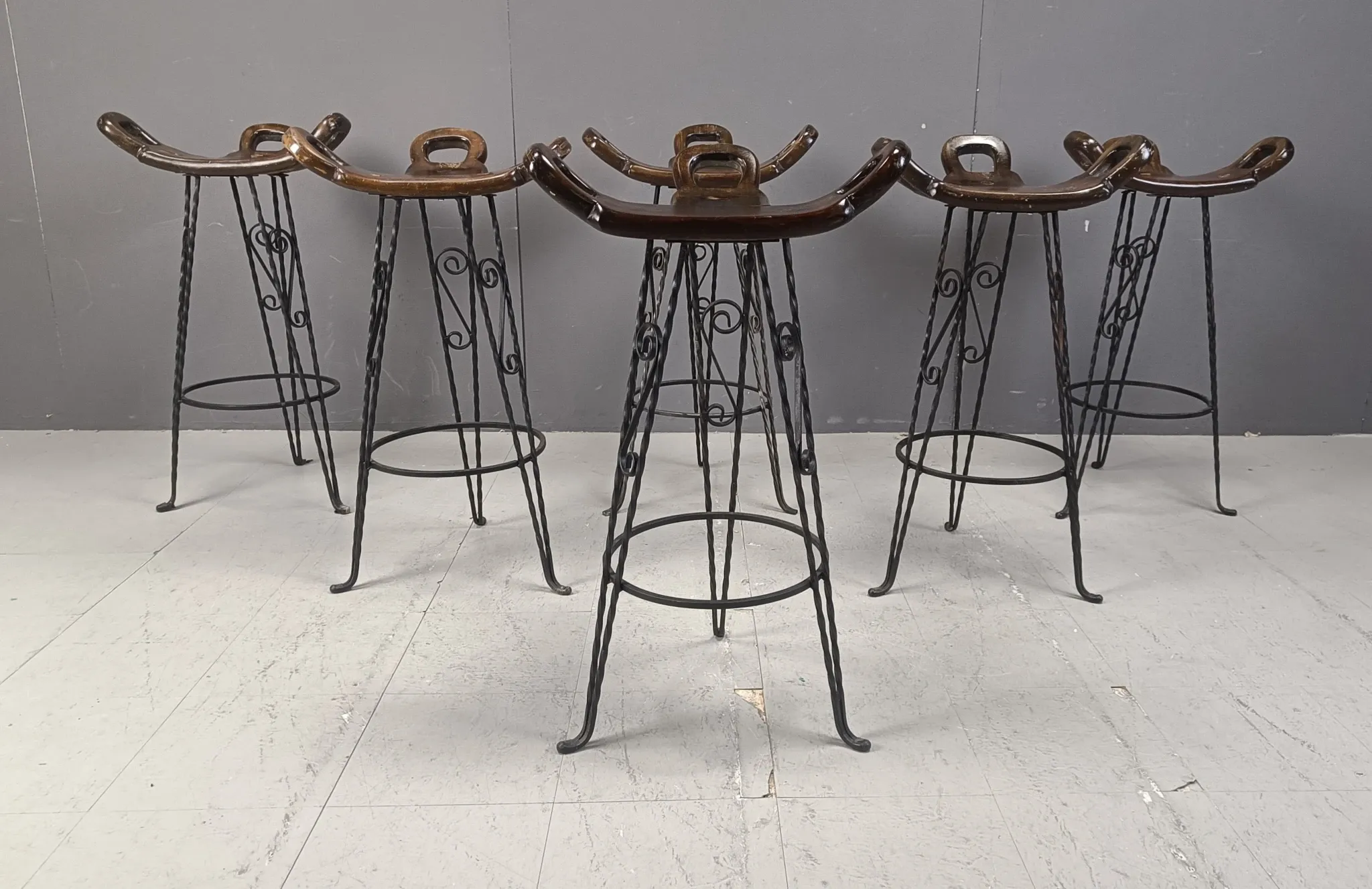 Vintage Spanish wrought iron bar stools, 1960s - set of 6