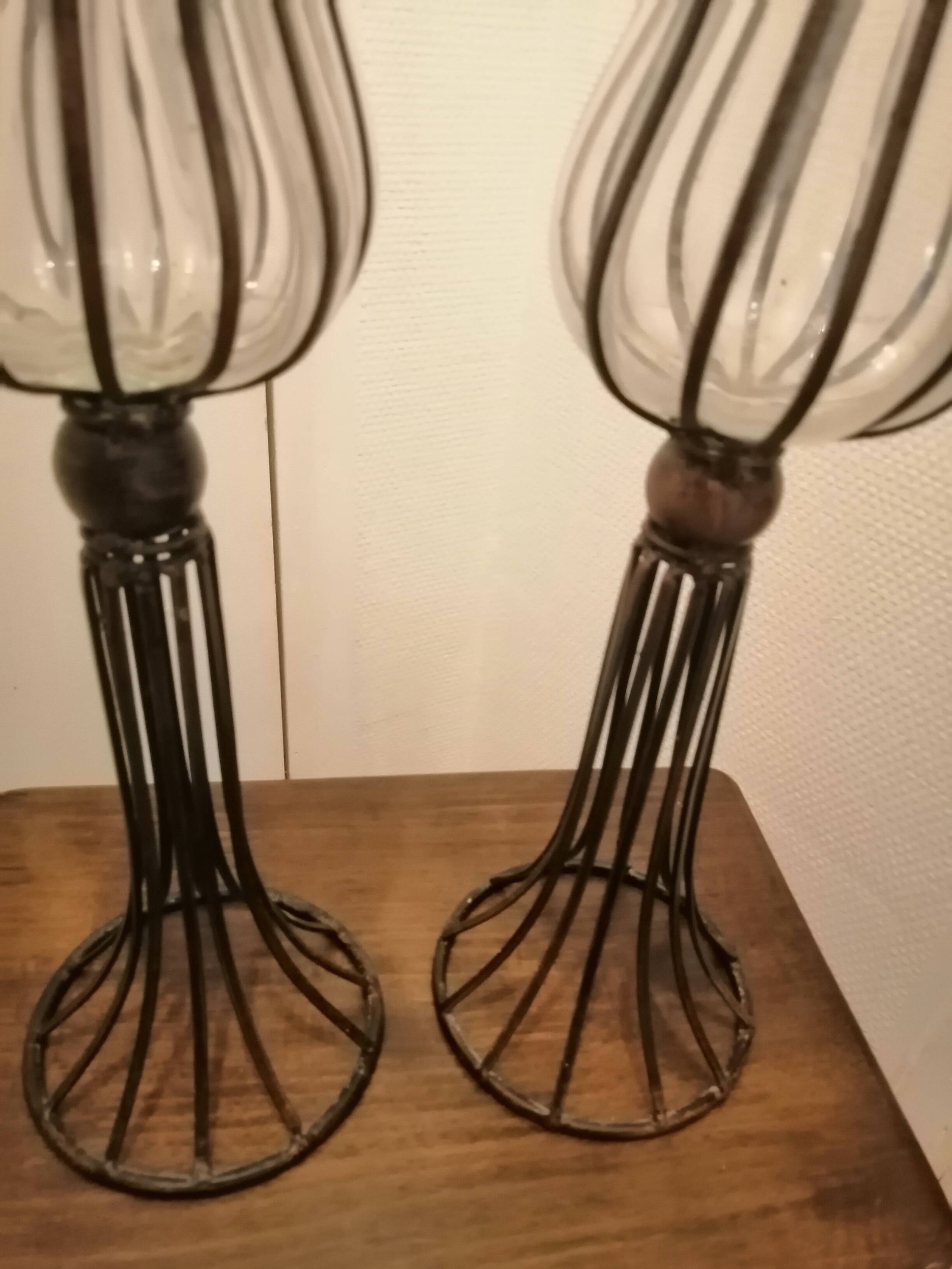 Pair of vintage/retro glass and metal vases