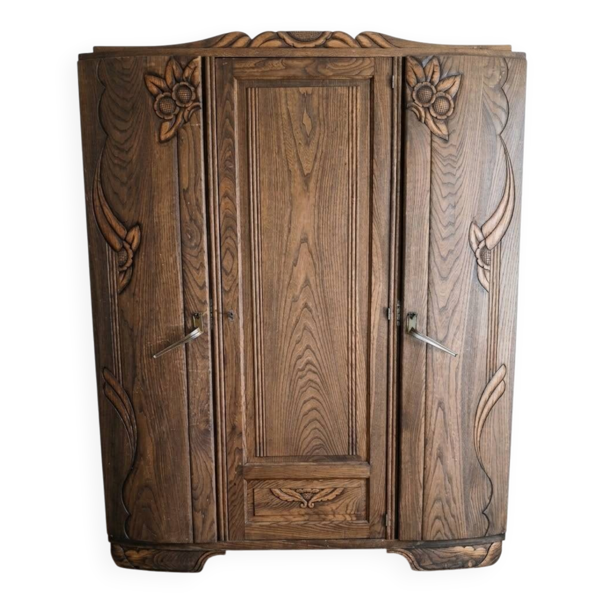 Large Art Deco wardrobe in carved solid oak
