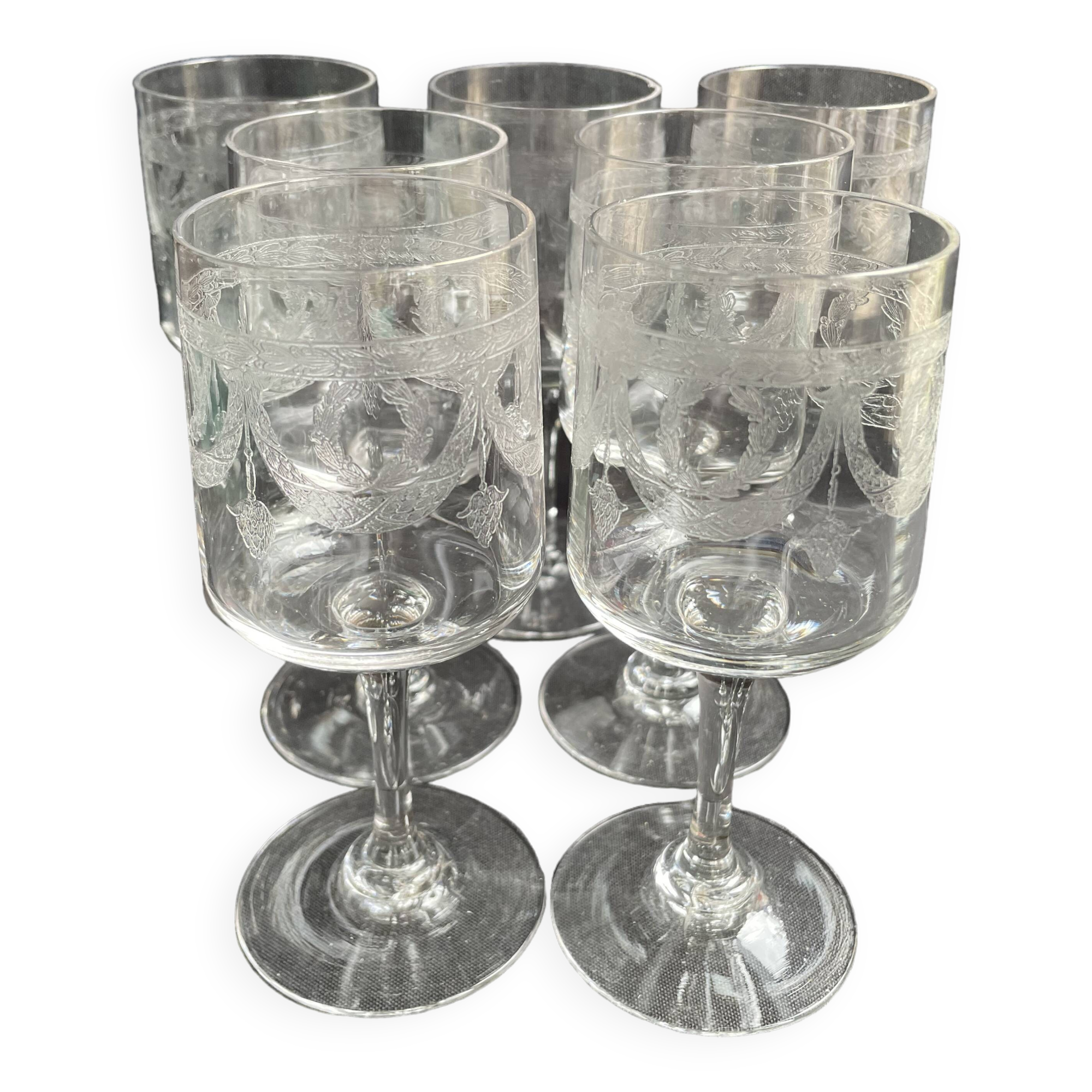 7 ½ crystal guilloche wine glasses – Art Nouveau