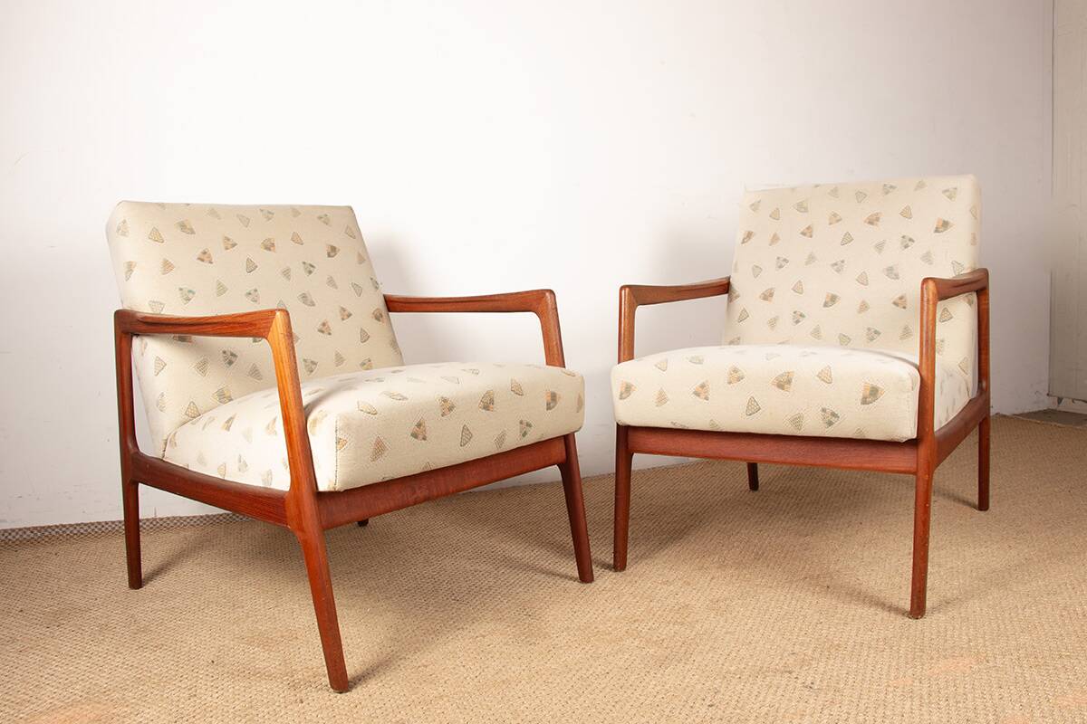 Pair of Scandinavian armchairs in teak and new fabric, 1960.