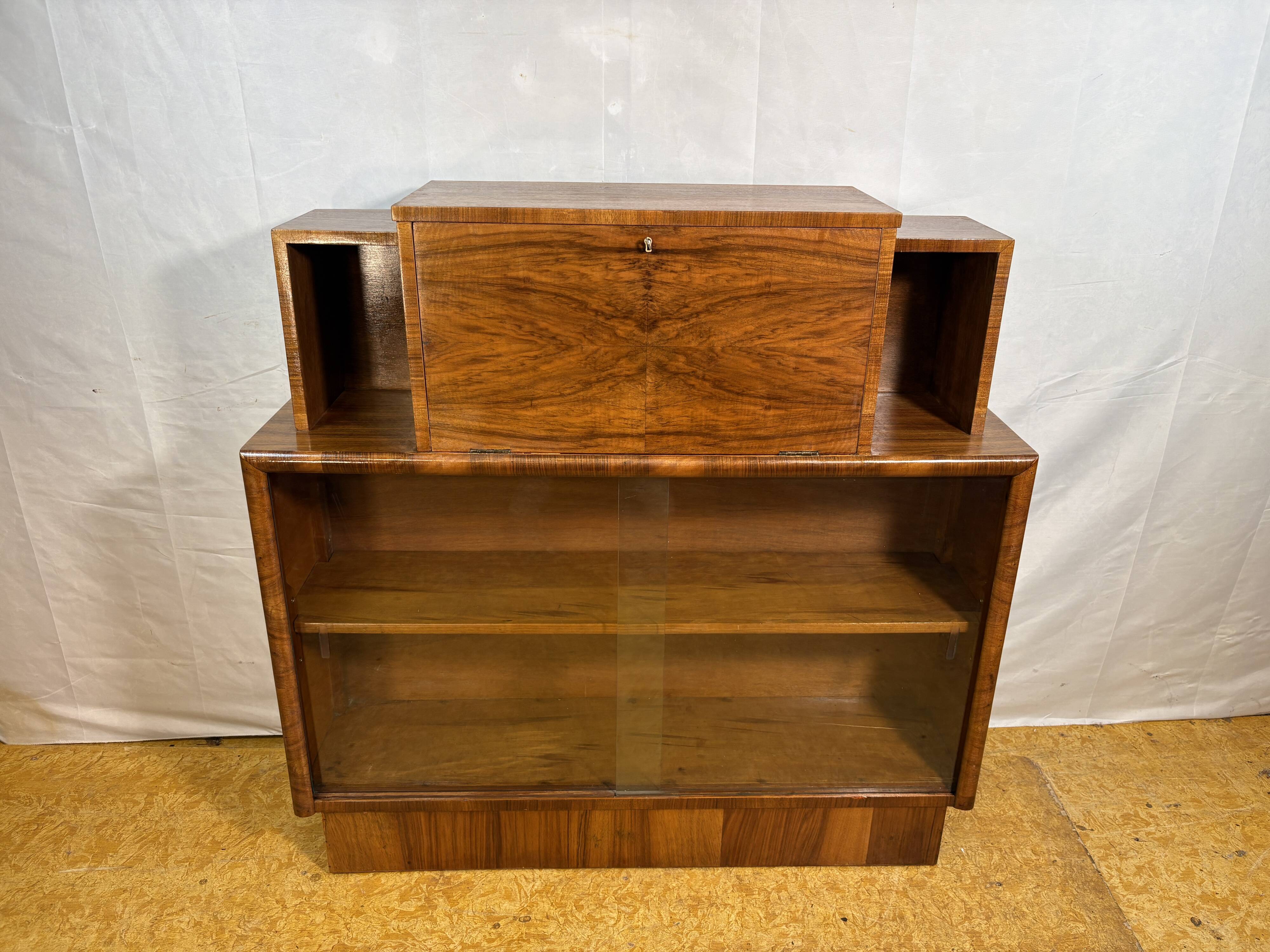 Art Deco Vintage 1930s Burr Walnut Bureau Display Cabinet Fall Front