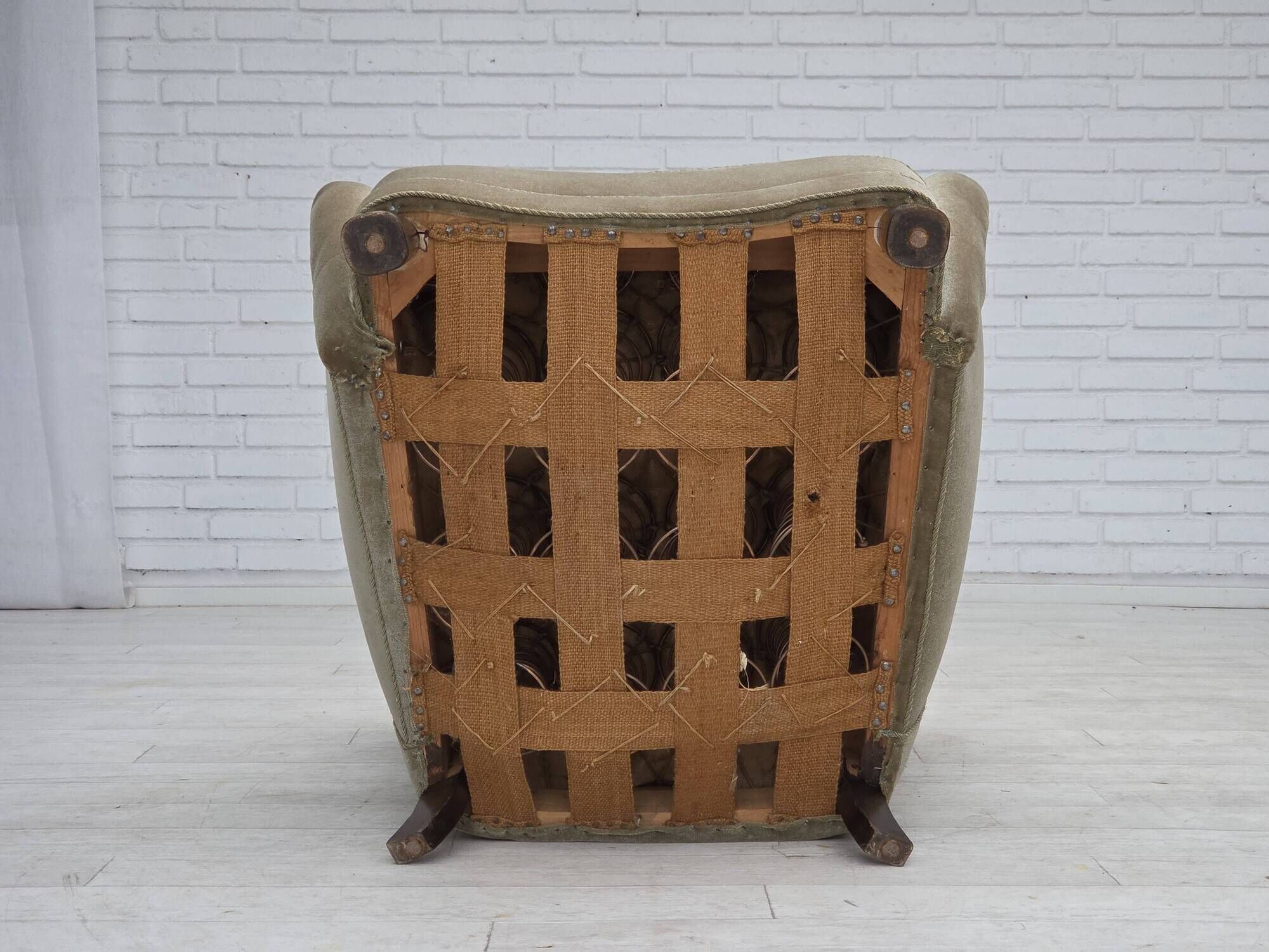 1960s, Danish armchair, green furniture velour, oak wood legs.