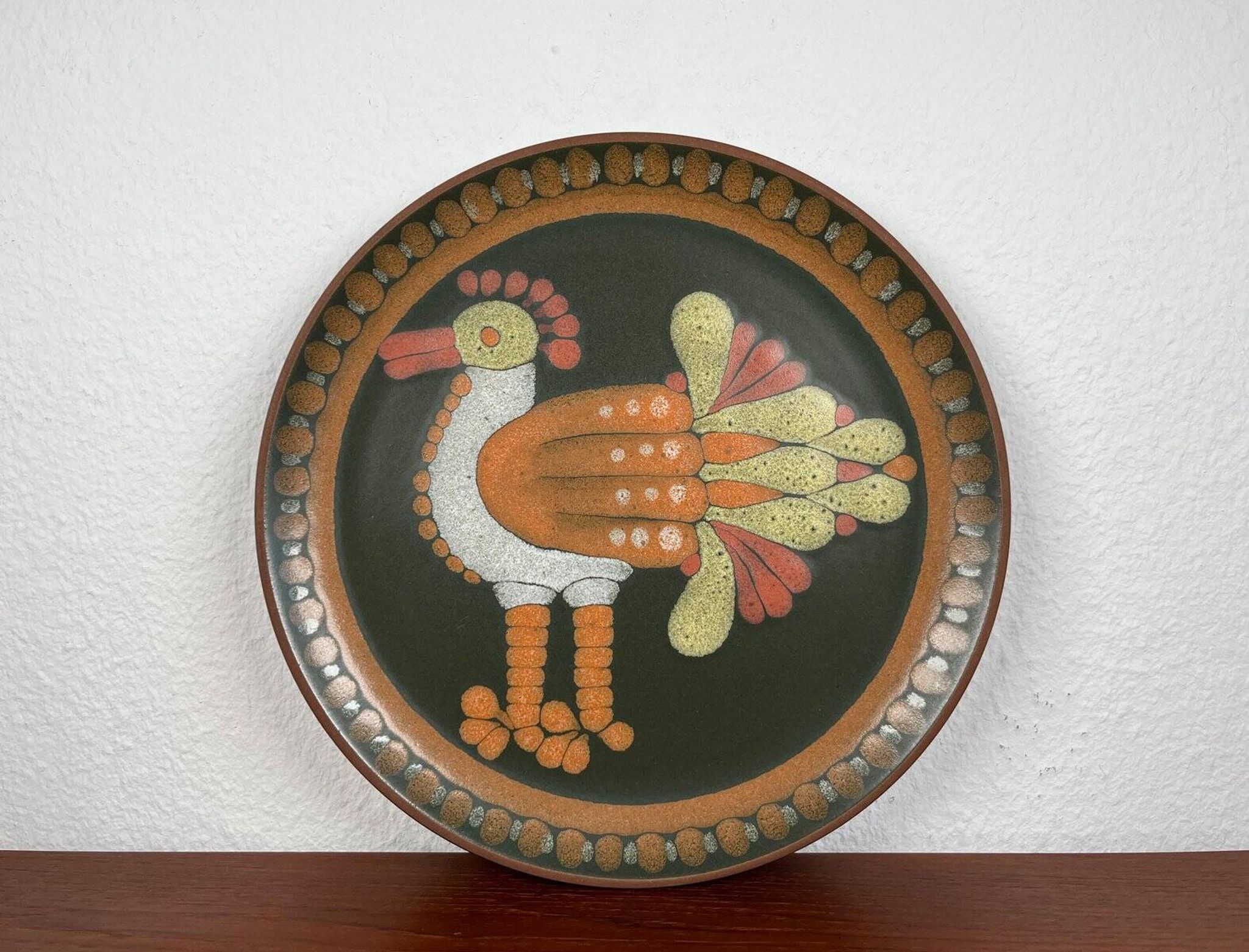 Vintage German ceramic wall plate with bird motif from Keramik Manufaktur Kupfermühle, 1970s.