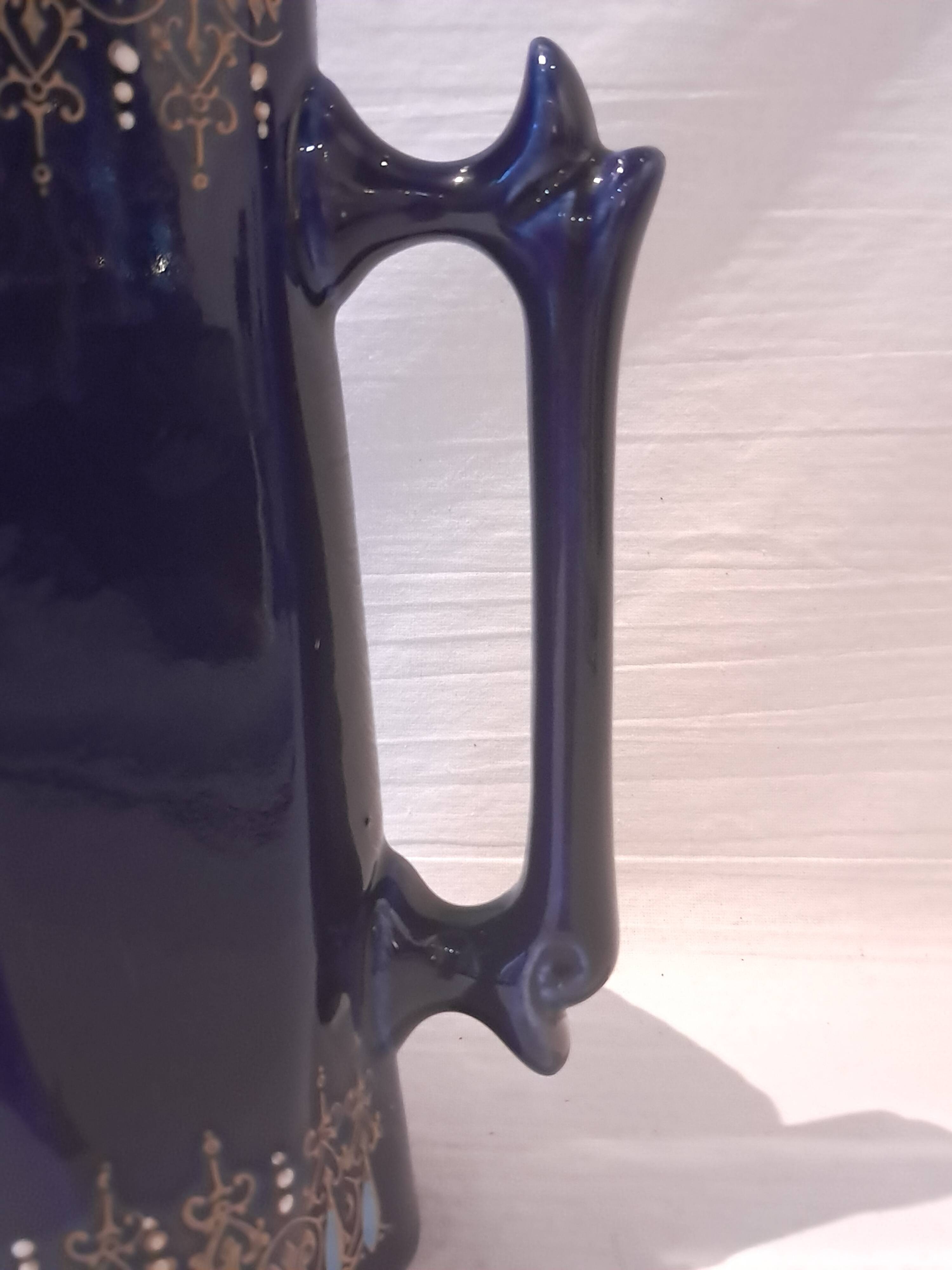 Antique Cobalt Blue Earthenware Jug With Enamelled Decor