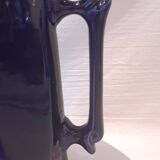 Ancienne Cruche En Faïence Bleu Cobalt Avec Décor Émaillé