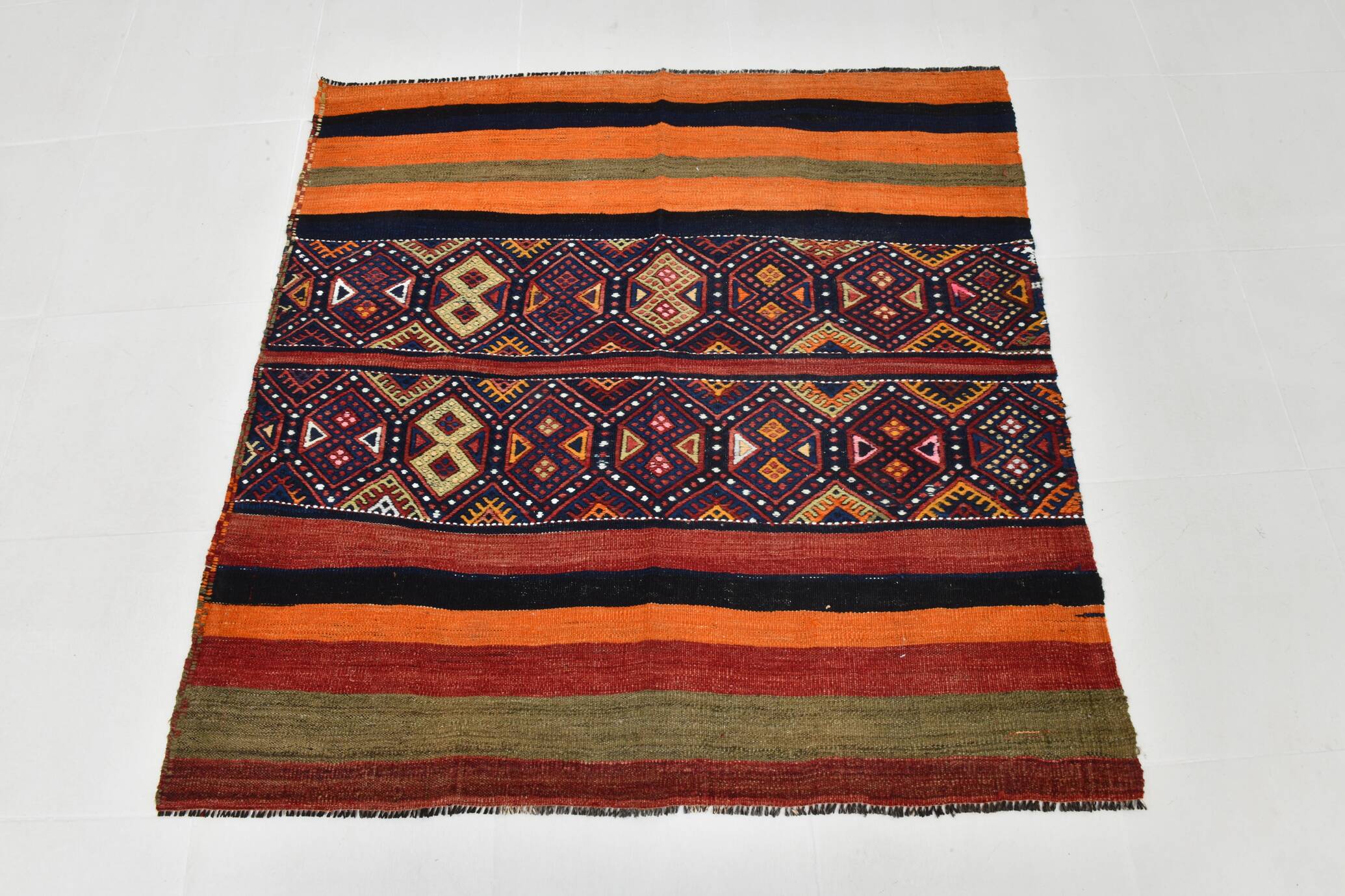 Navy Blue Orange Square Antique Kilim Rug, 128x128Cm