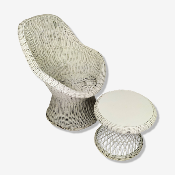 Fauteuil et table rotin blanc