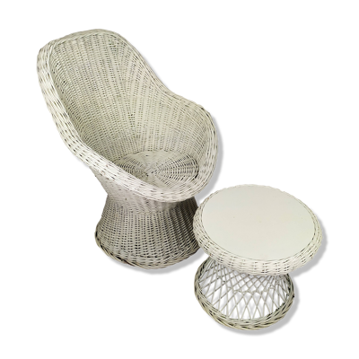 Fauteuil et table rotin blanc