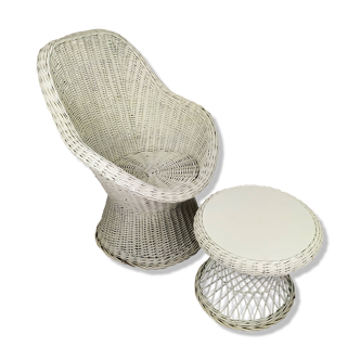 Fauteuil et table rotin blanc