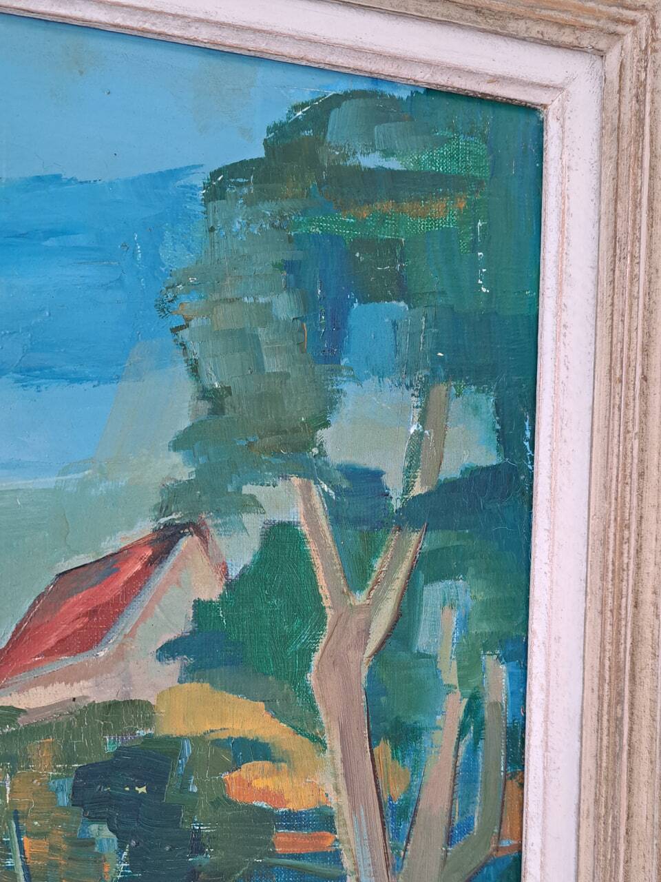 Oil painting on canvas signed Besacier — colourful village landscape