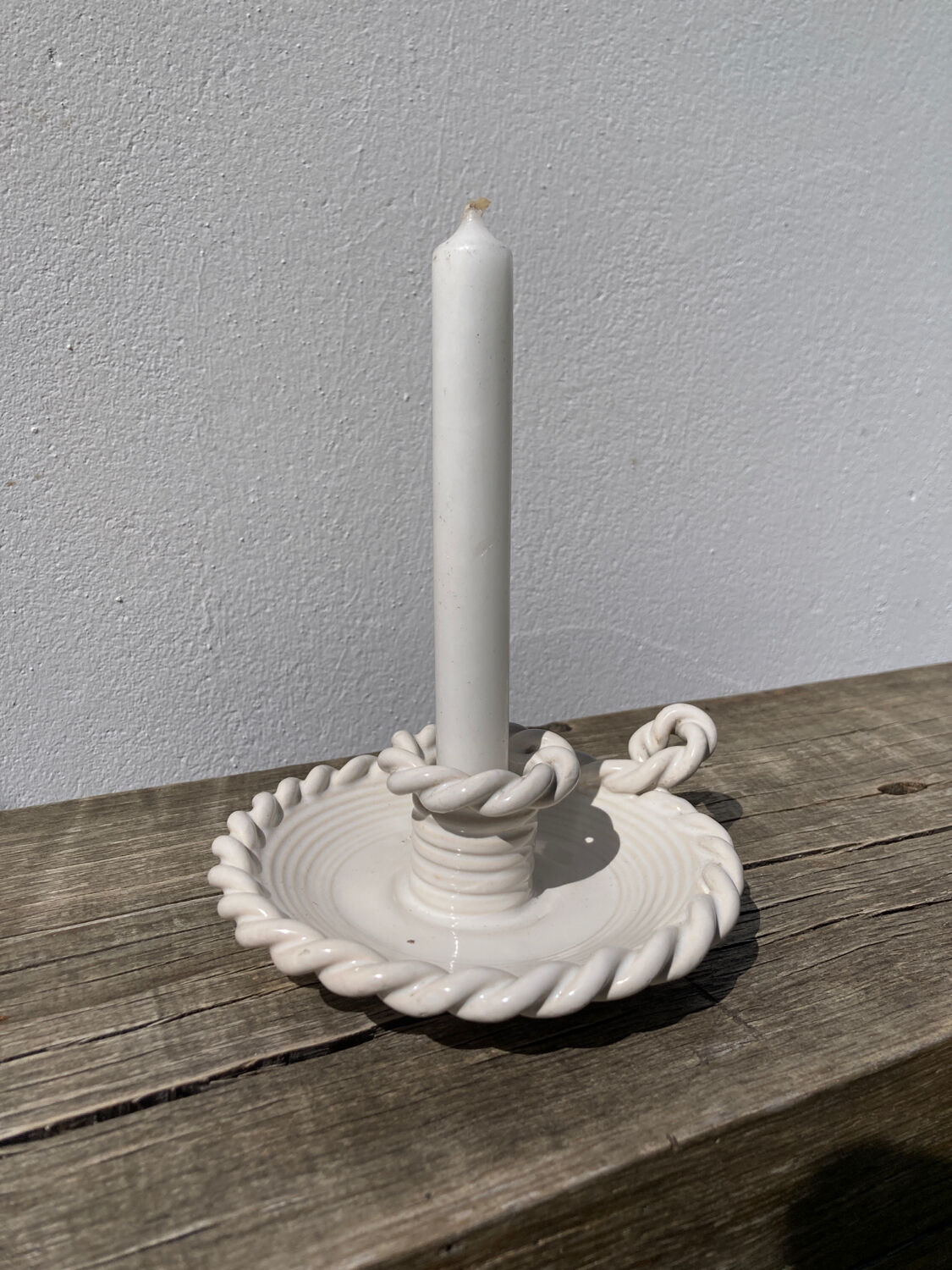 White ceramic candle holder twisted antique rope