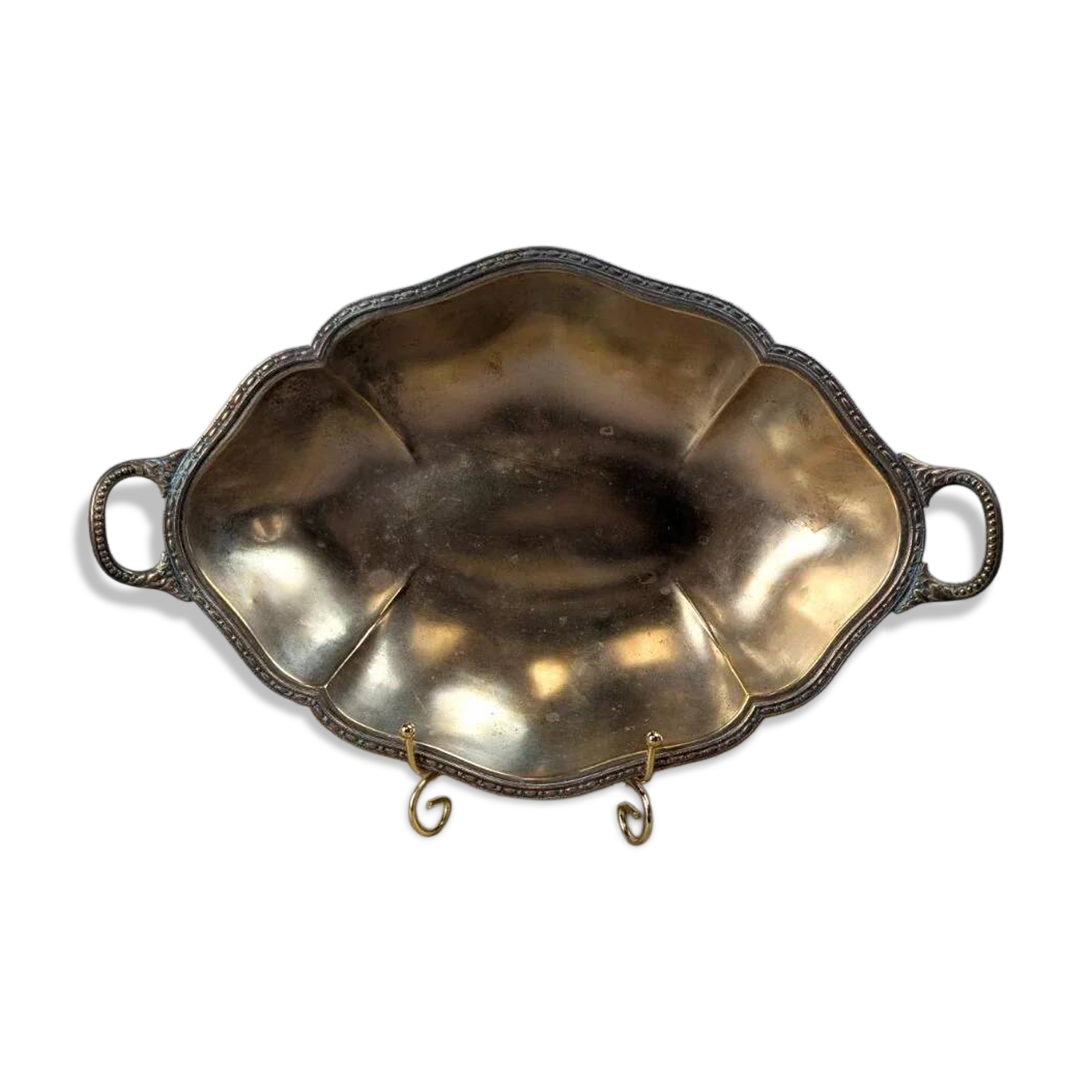 Antique oval silver-plated copper tray with handles.