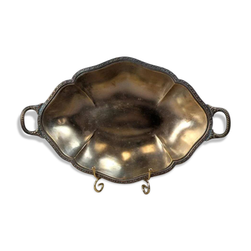 Antique oval silver-plated copper tray with handles.