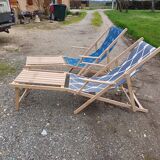 Pair of wood and fabric long chairs