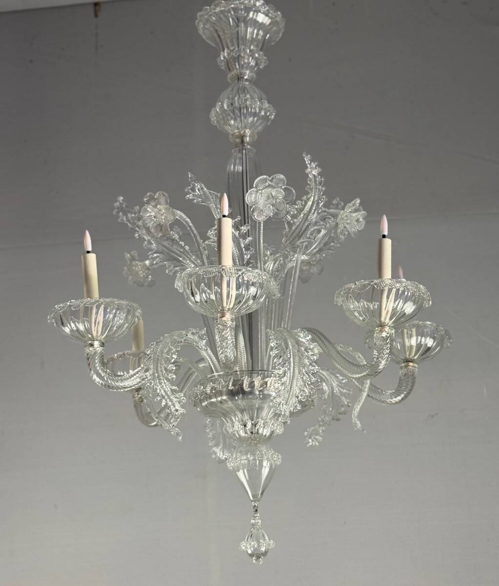 Venetian chandelier in colorless Murano glass, 6 light arms, circa 1940
