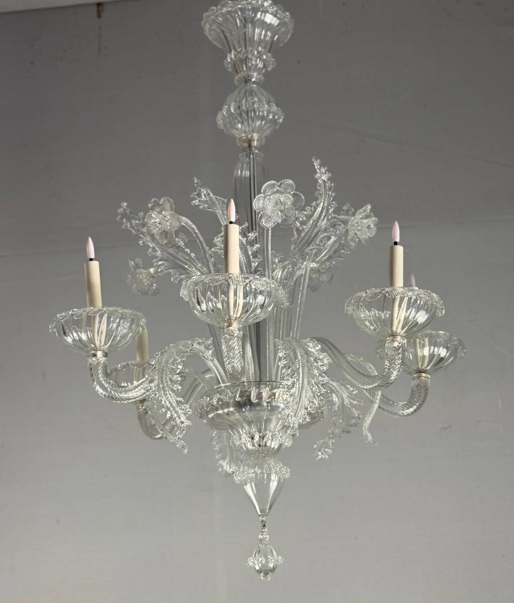 Venetian chandelier in colorless Murano glass, 6 light arms, circa 1940