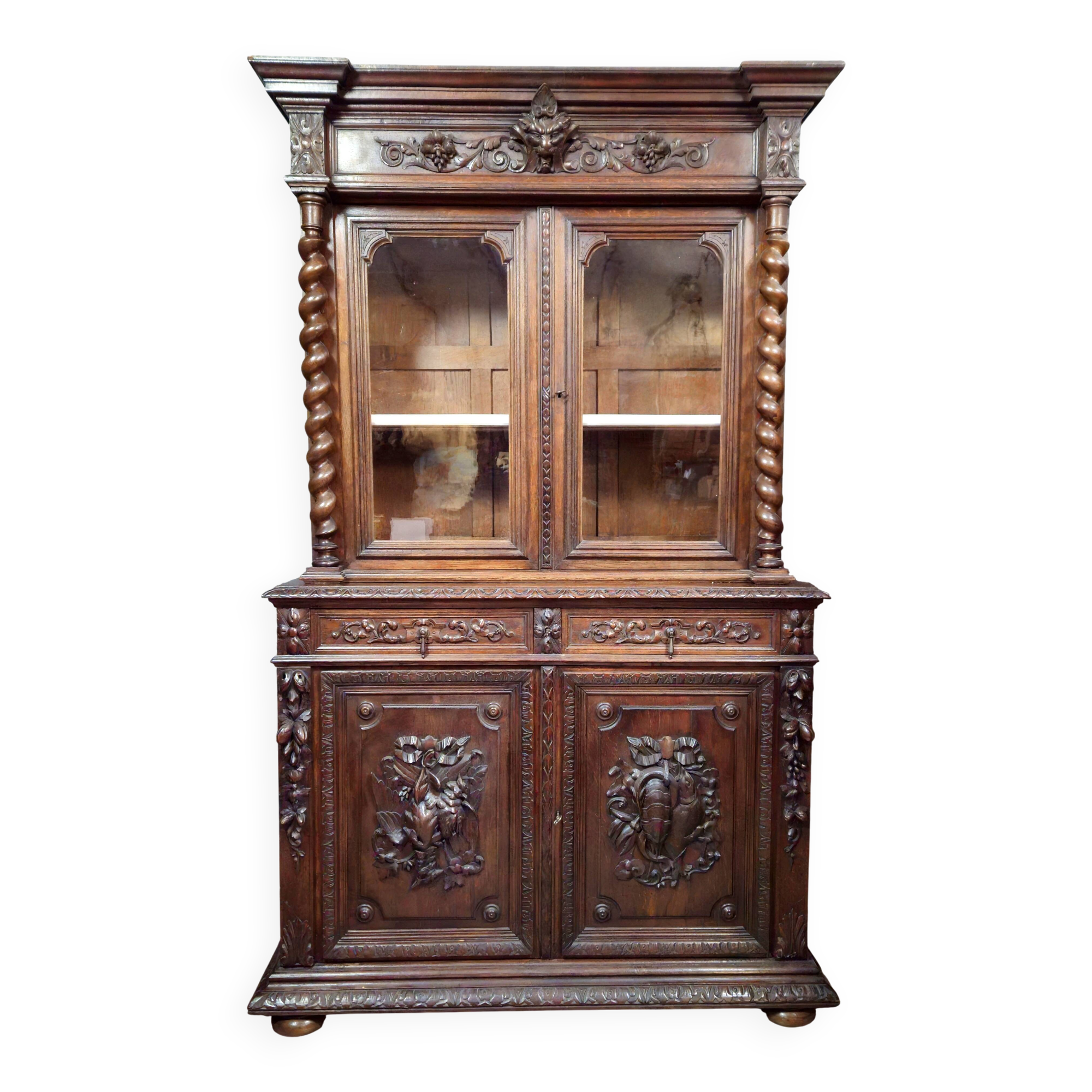 Buffet library two-body antique carved wooden.