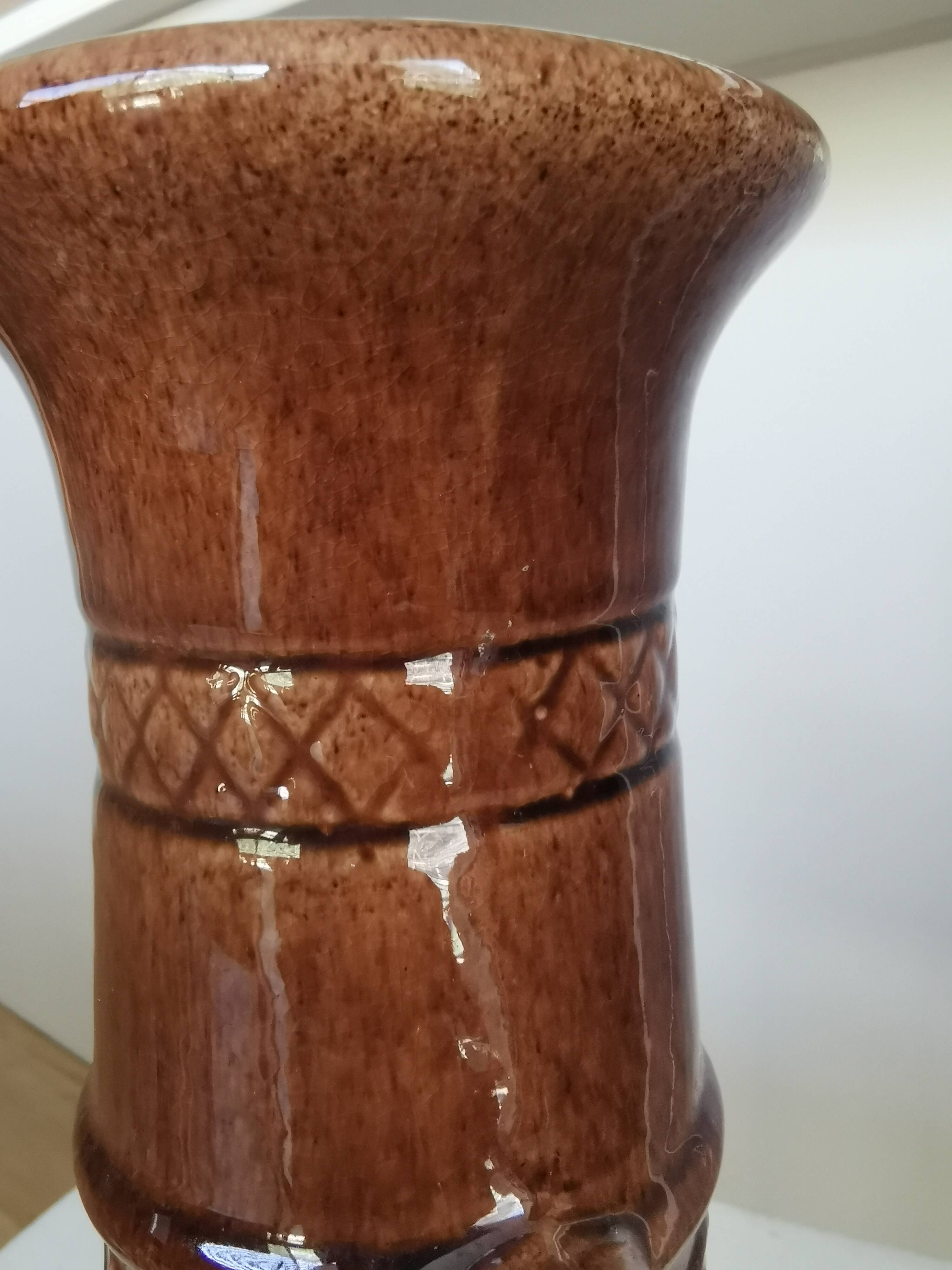 Vintage Amphora Vase: Large Brown Glazed Pottery with Grape Motif