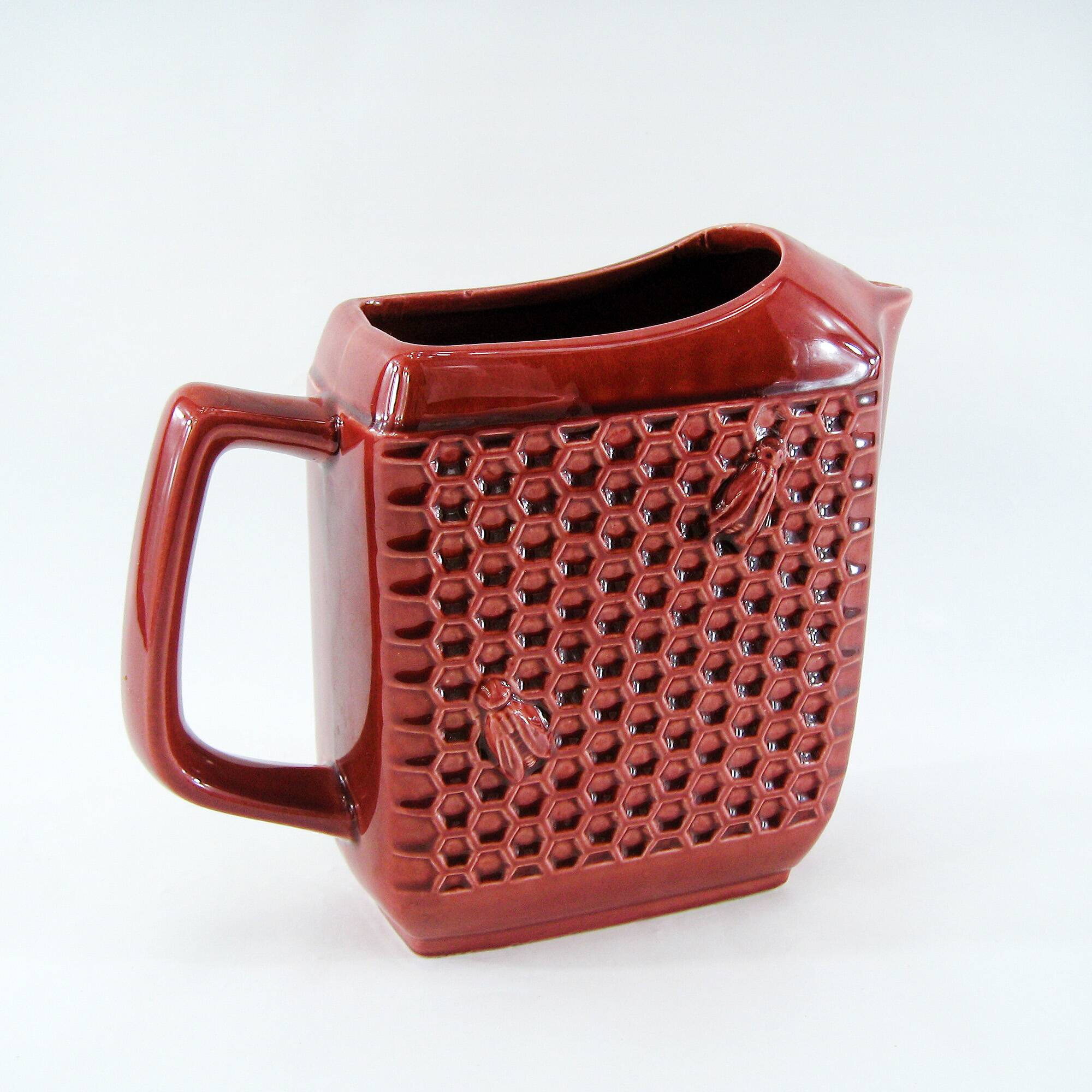 Red ceramic pitcher - bees and honeycombs decor - St Clément France - vintage 60s