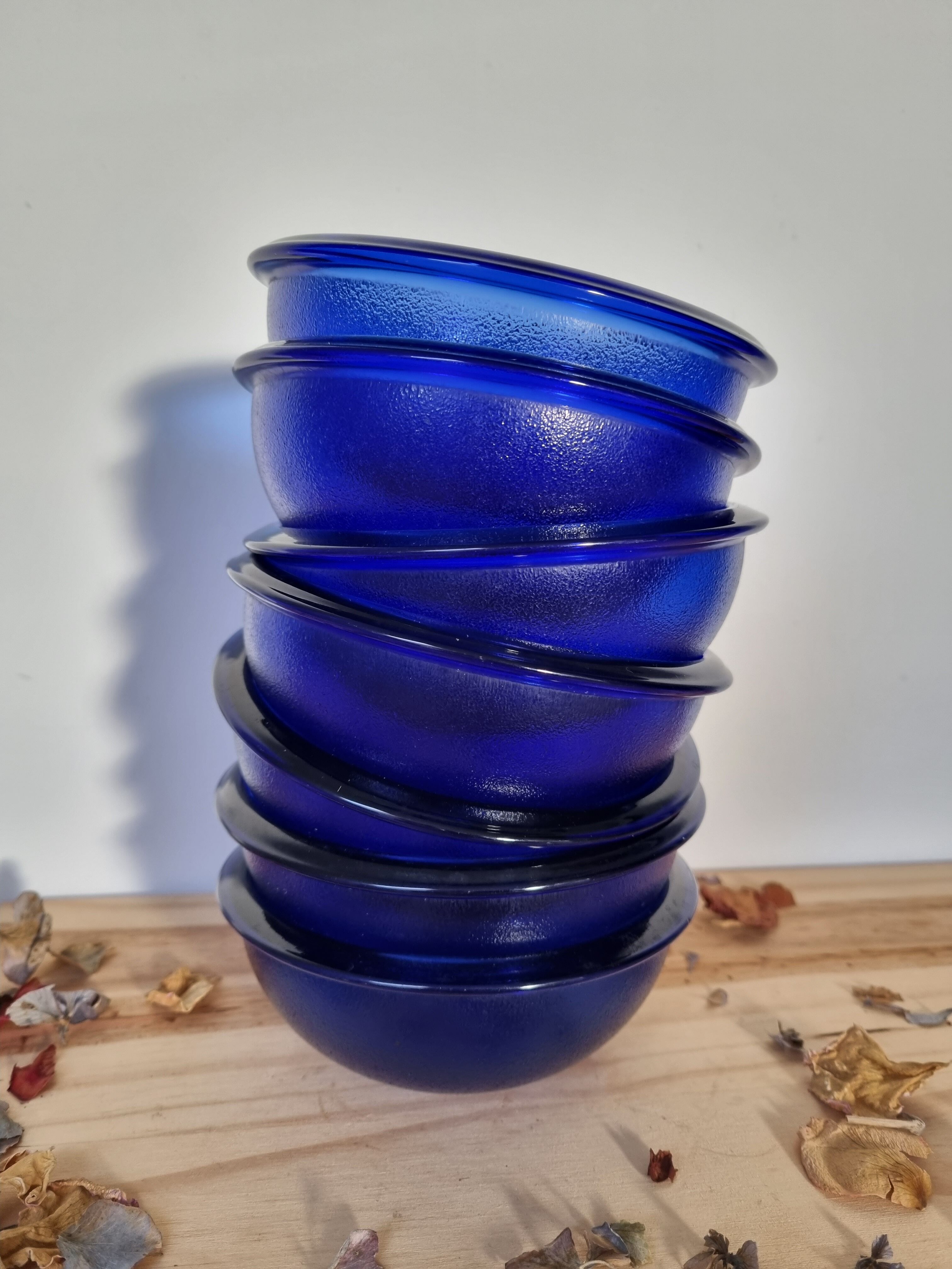 Set of eight ramekin bowls blue glass cups made in vintage France