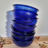 Set of eight ramekin bowls blue glass cups made in vintage France