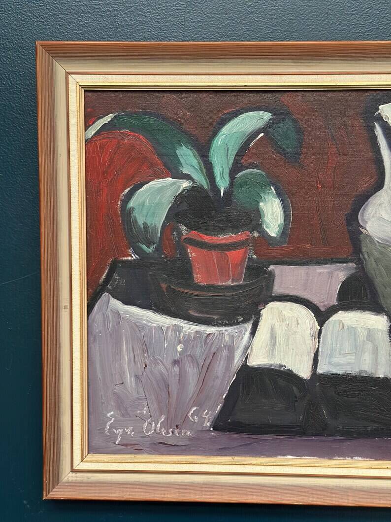 Original Swedish Oil on Canvas – “Pitcher and Plant” by Evy Olesen